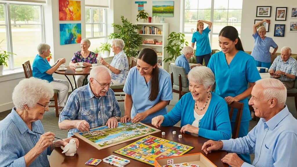 Seniors engaging in social activities at Aliviya Rose Manor, enjoying games and companionship in a bright, welcoming environment, highlighting the benefits of short-term senior care programs.