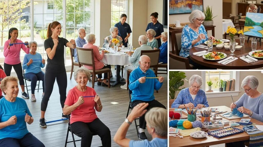 Seniors participating in fitness classes and engaging in arts and crafts activities in an assisted living community, showcasing vibrant community life and recreational amenities.
