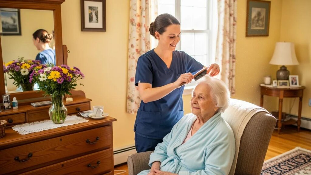 Staff member assisting senior woman with grooming in a cozy assisted living environment, highlighting daily living support services at The Palms.