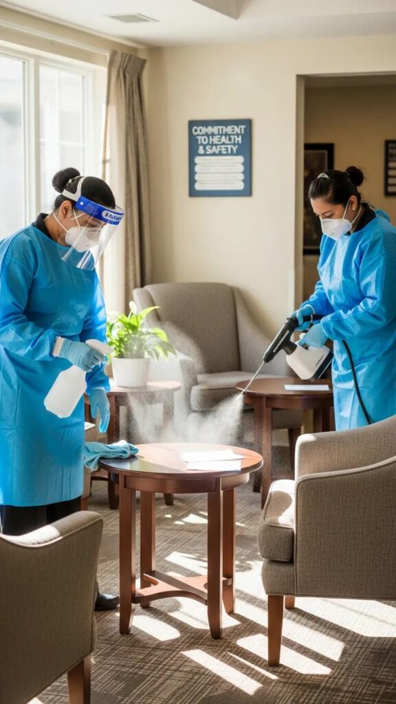 Staff at Aliviya Rose Manor implementing infection control measures with PPE and cleaning protocols