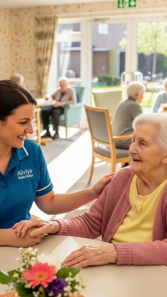 Staff member at Aliviya Rose Manor providing compassionate care and emotional support to a resident in memory care, fostering connection in a nurturing environment.