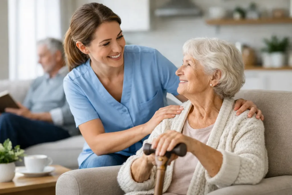 Caregiver interacting with elderly woman in a cozy living room, highlighting respite care support and companionship for seniors.
