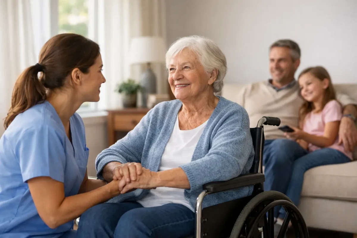 Caregiver interacting with senior woman in wheelchair, emphasizing respite care and family support in a comfortable living environment.