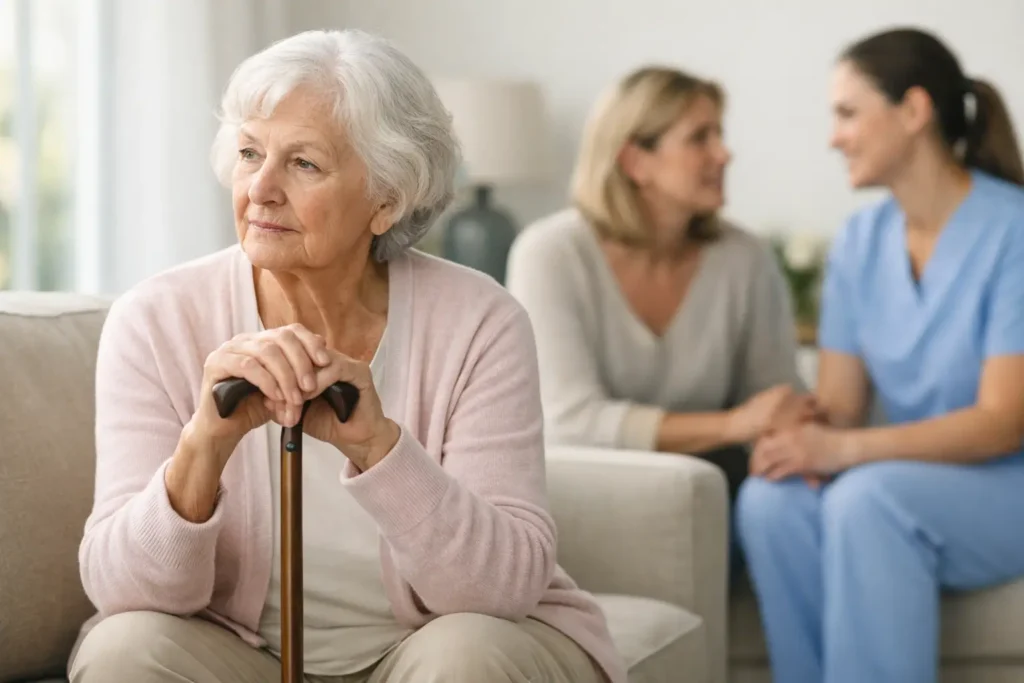 Elderly woman with a cane sitting on a couch, reflecting on assisted living needs, with caregivers discussing in the background, emphasizing support and safety for aging adults.