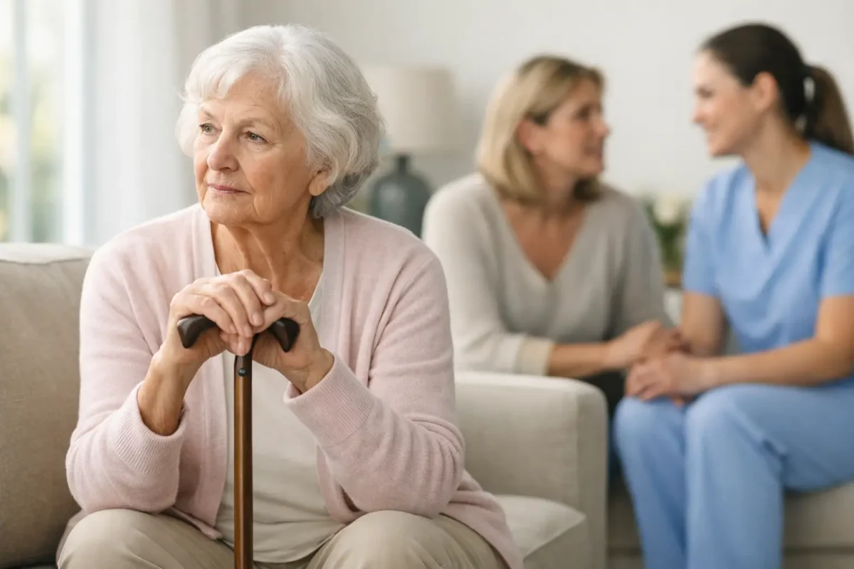 Elderly woman with a cane sitting thoughtfully, while caregivers engage in supportive conversation in a cozy assisted living environment.