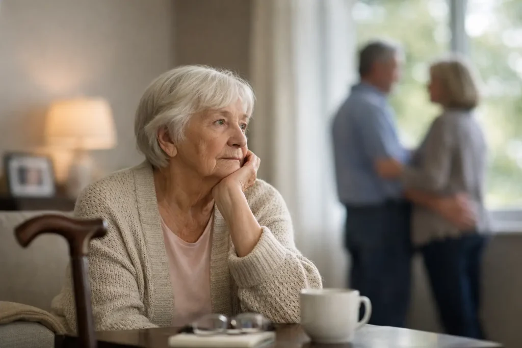 Senior woman looking contemplative with a cane, sitting in a cozy living room while a couple embraces in the background, symbolizing the complexities of aging and the decision for seniors to live independently.