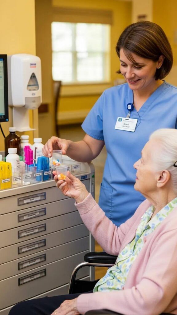 Licensed MedTech professional administering medication to a senior resident, highlighting safety and care