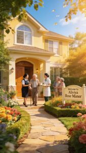 Exterior view of Aliviya Rose Manor with residents and staff, emphasizing community and care