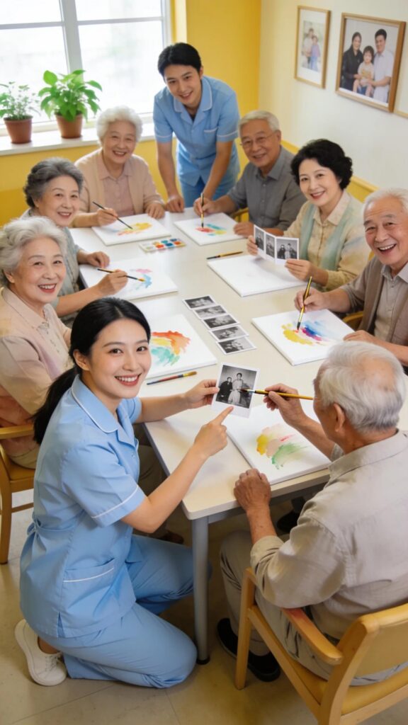Seniors involved in cognitive engagement activities, supported by caregivers, in a vibrant memory care environment