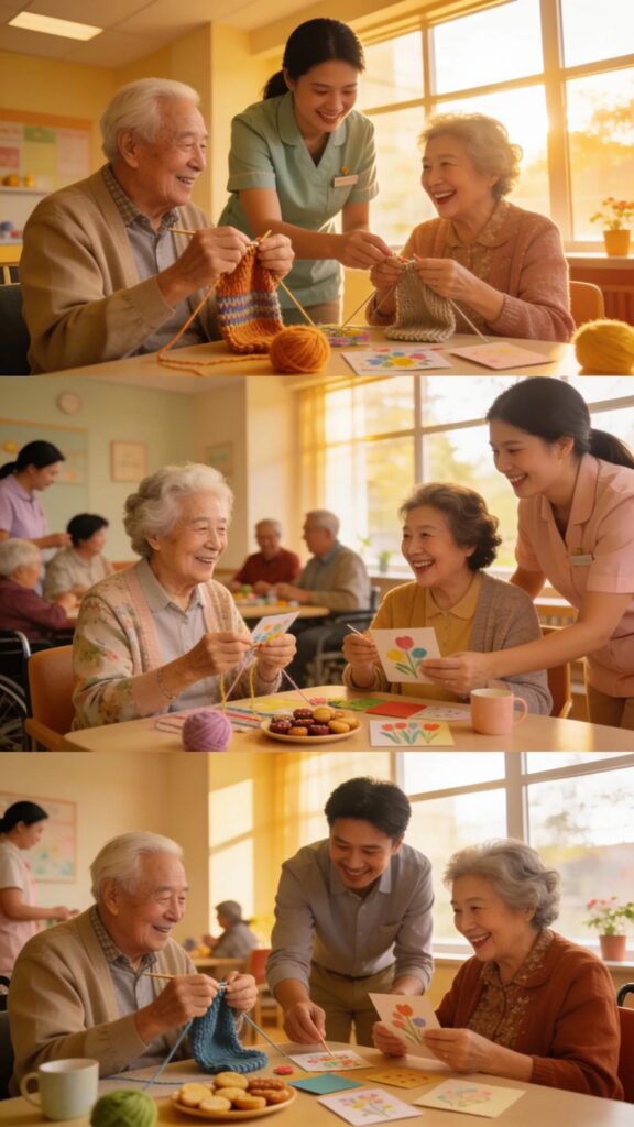 Seniors engaging in activities with attentive staff in a respite care program, illustrating emotional and social benefits