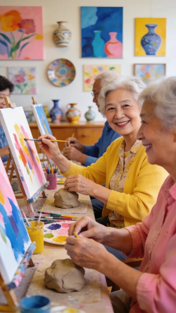 Residents enjoying art therapy as a therapeutic activity for cognitive wellness