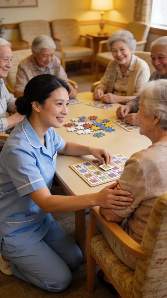 Staff working with seniors in a memory care program, focusing on cognitive engagement and compassionate support