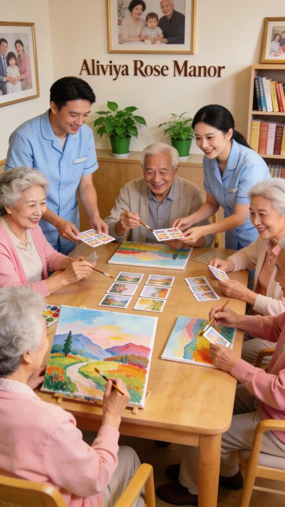 Seniors engaging in memory care activities at Aliviya Rose Manor, highlighting specialized programs tailored for cognitive support.