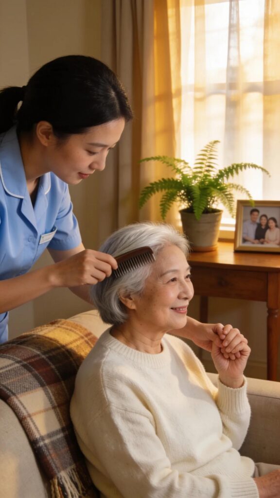 Caregiver assisting a senior resident at Aliviya Rose Manor, illustrating personalized senior care in a safe and comfortable environment.