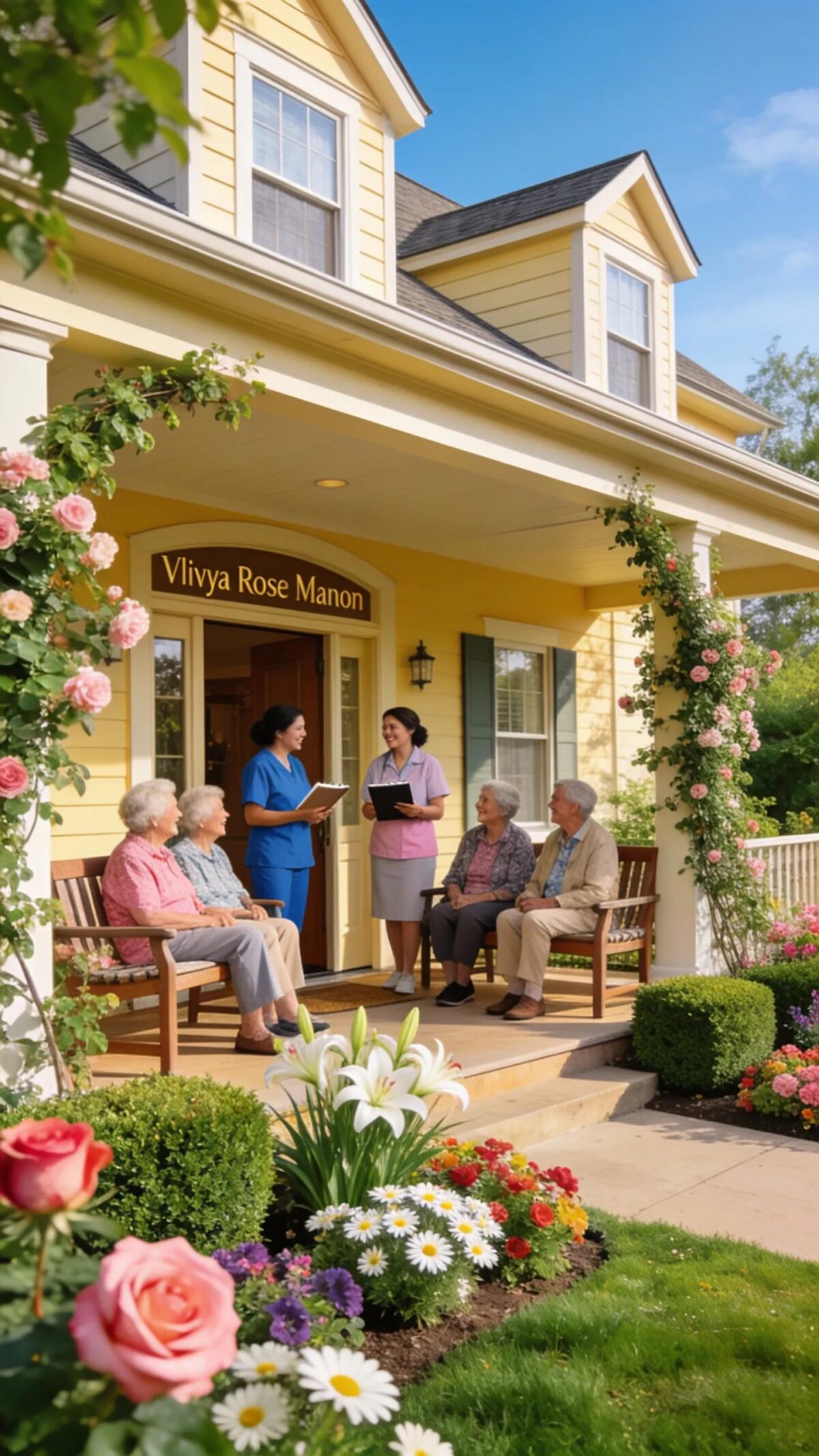 Aliviya Rose Manor entrance surrounded by beautiful gardens, emphasizing a welcoming atmosphere for seniors