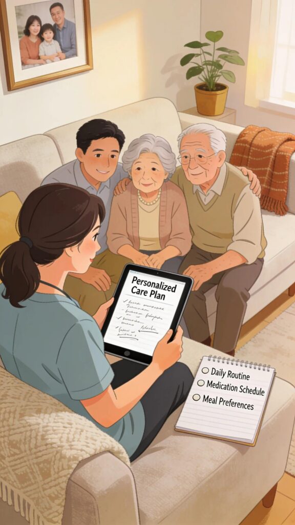 Caregiver and family collaborating on personalized care plans for dementia residents