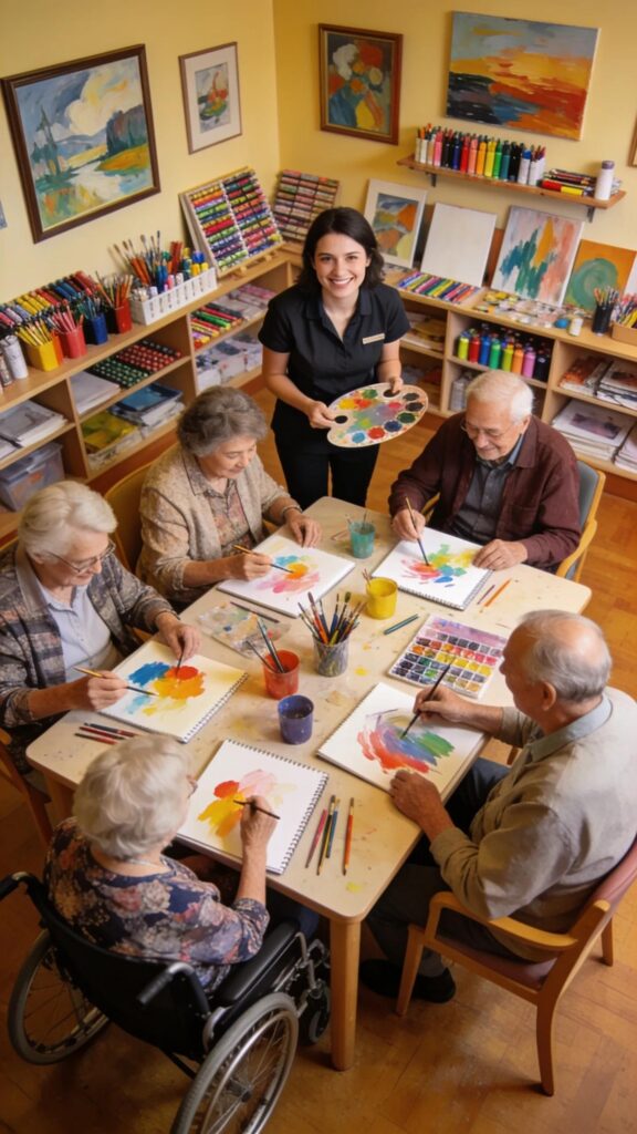 Residents participating in art therapy at Aliviya Rose Manor, promoting cognitive health and engagement
