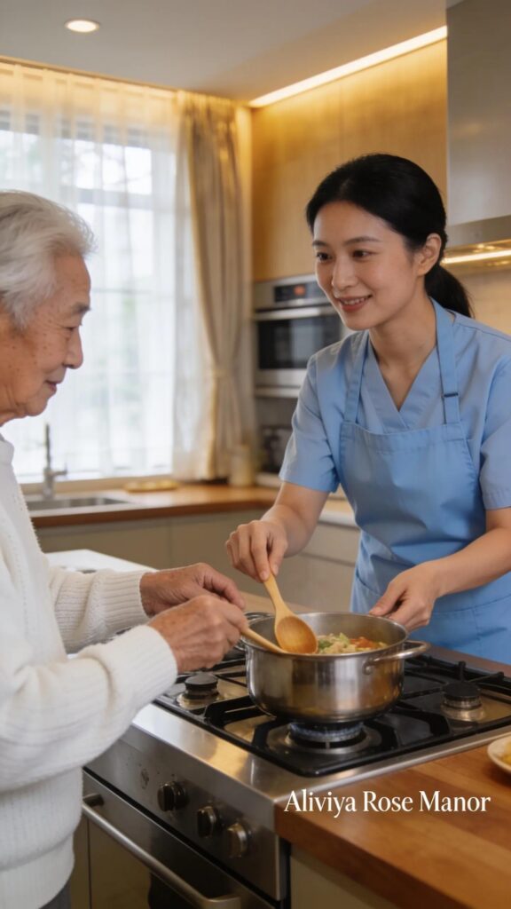Caregiver providing personalized assistance to a senior during daily activities in a homely kitchen setting