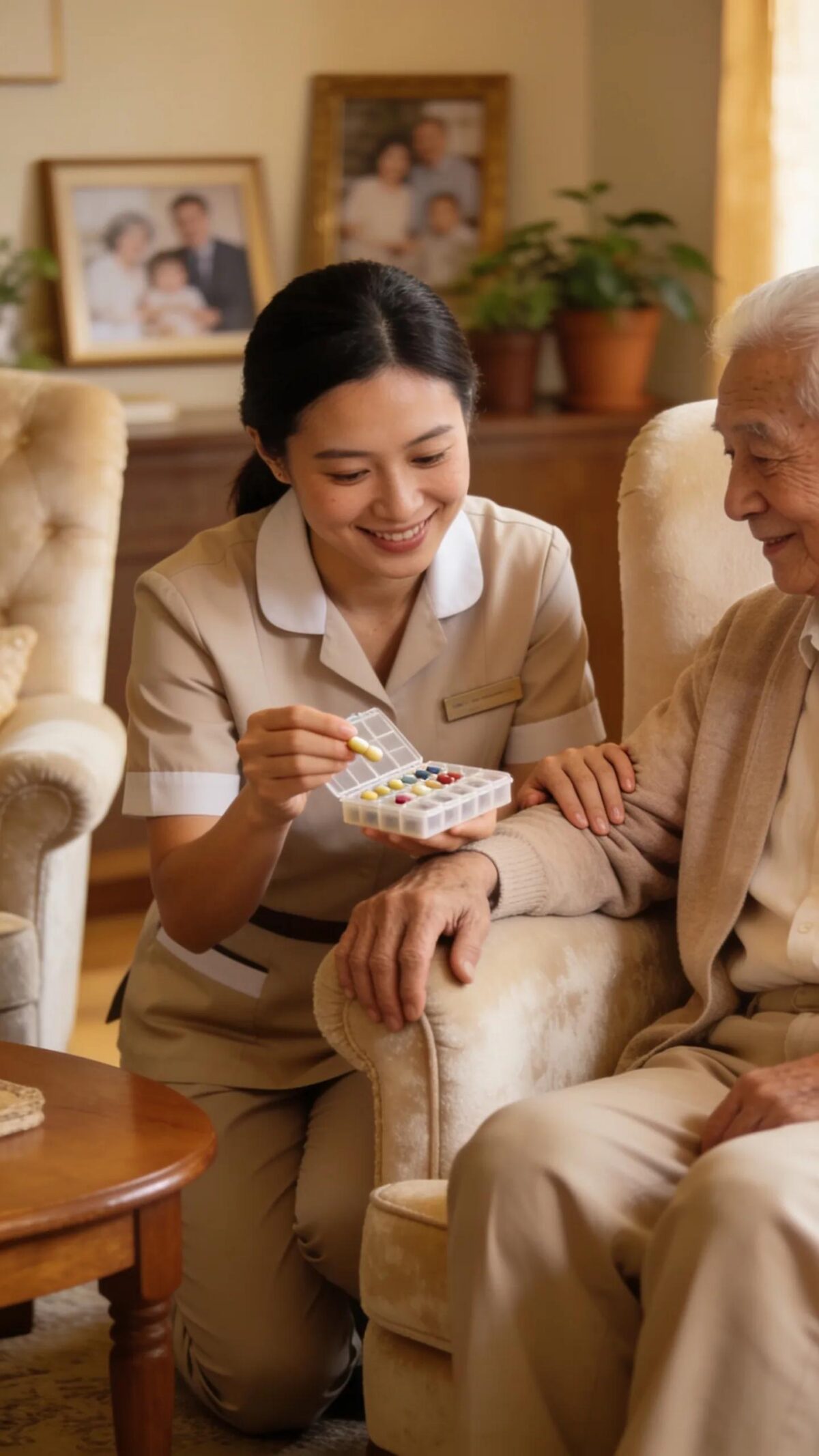 Caregiver assisting a senior resident with medication reminders in a cozy assisted living environment