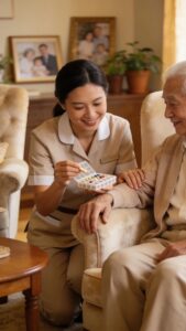 Caregiver assisting a senior resident with medication reminders in a cozy assisted living environment
