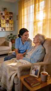 Caregiver interacting compassionately with a resident, embodying the Positive Approach to Care methodology in a memory care setting
