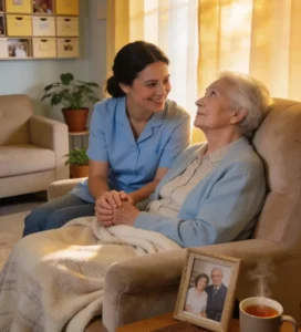 Caregiver interacting compassionately with a resident, embodying the Positive Approach to Care methodology in a memory care setting