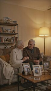 Senior couple planning a move to assisted living, surrounded by personal belongings