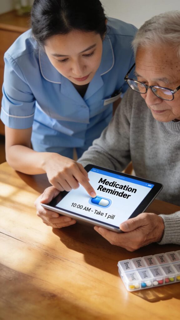 Caregiver helping a senior use a medication reminder app on a tablet