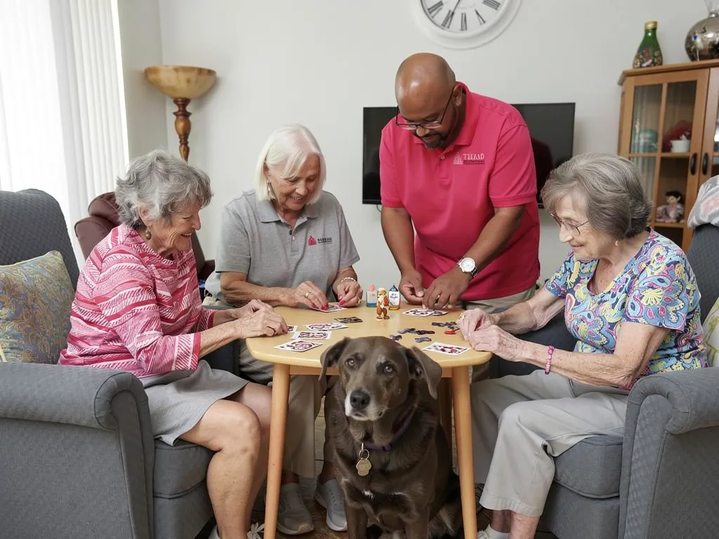 Caregiver engaging a memory care resident with dignity and focus