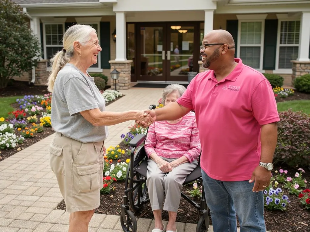 Staff member in Aliviya Rose Manor shirt greeting a family during a facility tour