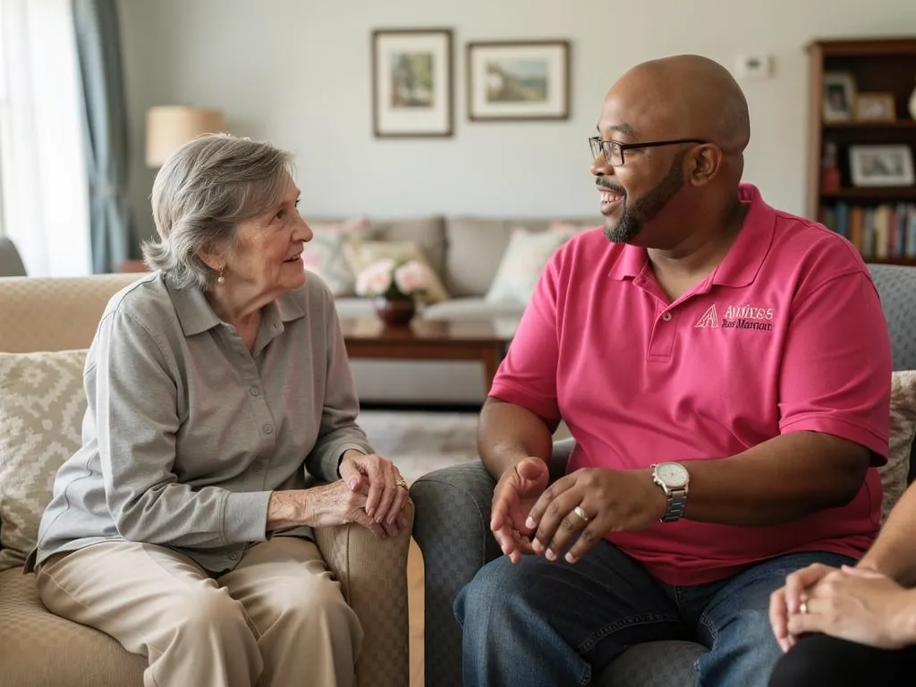 Family member and senior resident sharing a warm conversation at Aliviya Rose Manor