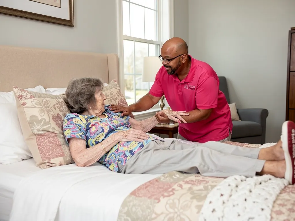 Caregiver helping a senior resident settle in during a respite stay at Aliviya Rose Manor