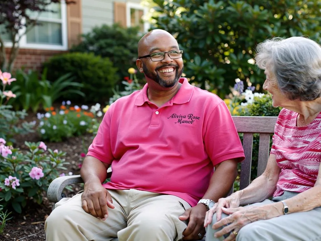 Caregiver relaxing in Aliviya Rose Manor's garden, illustrating the relief offered by respite care