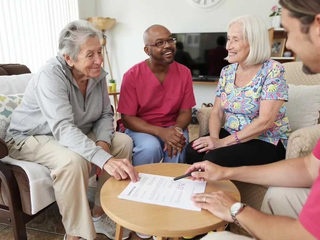 Care team discussing a personalized plan with a senior resident and family