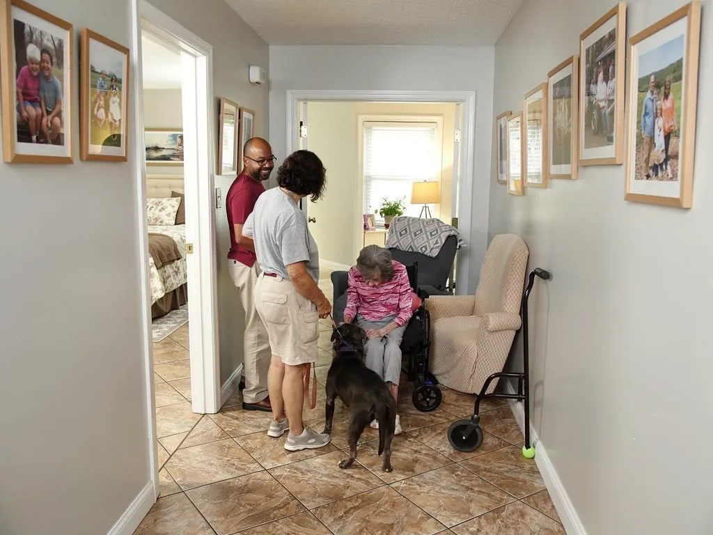 Family member and staff guiding a senior into a new memory care residence