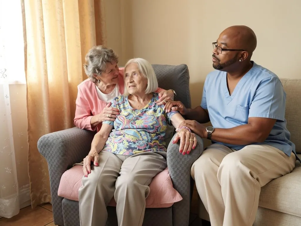 Family member comforting a senior during the transition to assisted living
