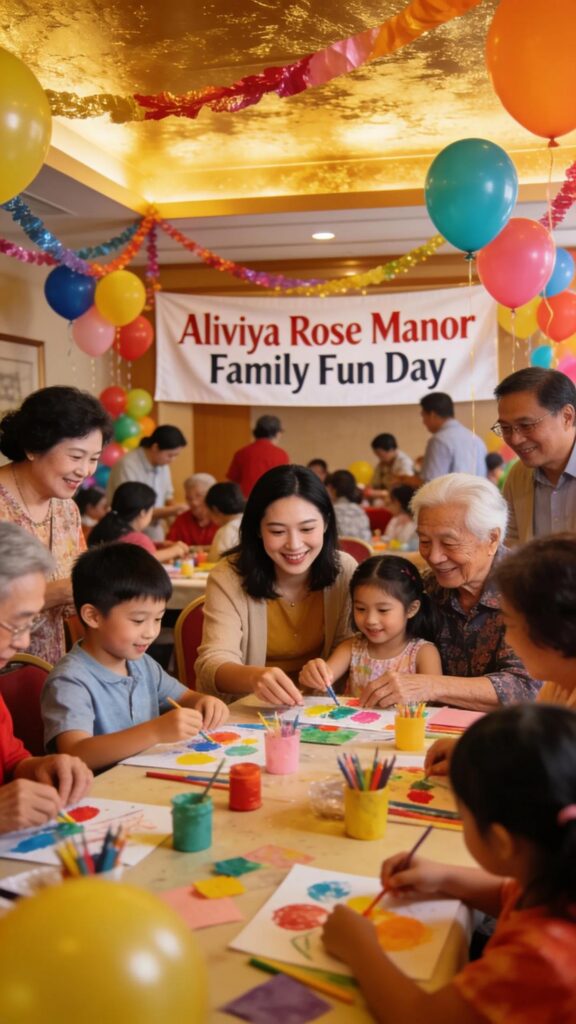 Families and seniors engaged in crafts at Aliviya Rose Manor, promoting family involvement and community spirit