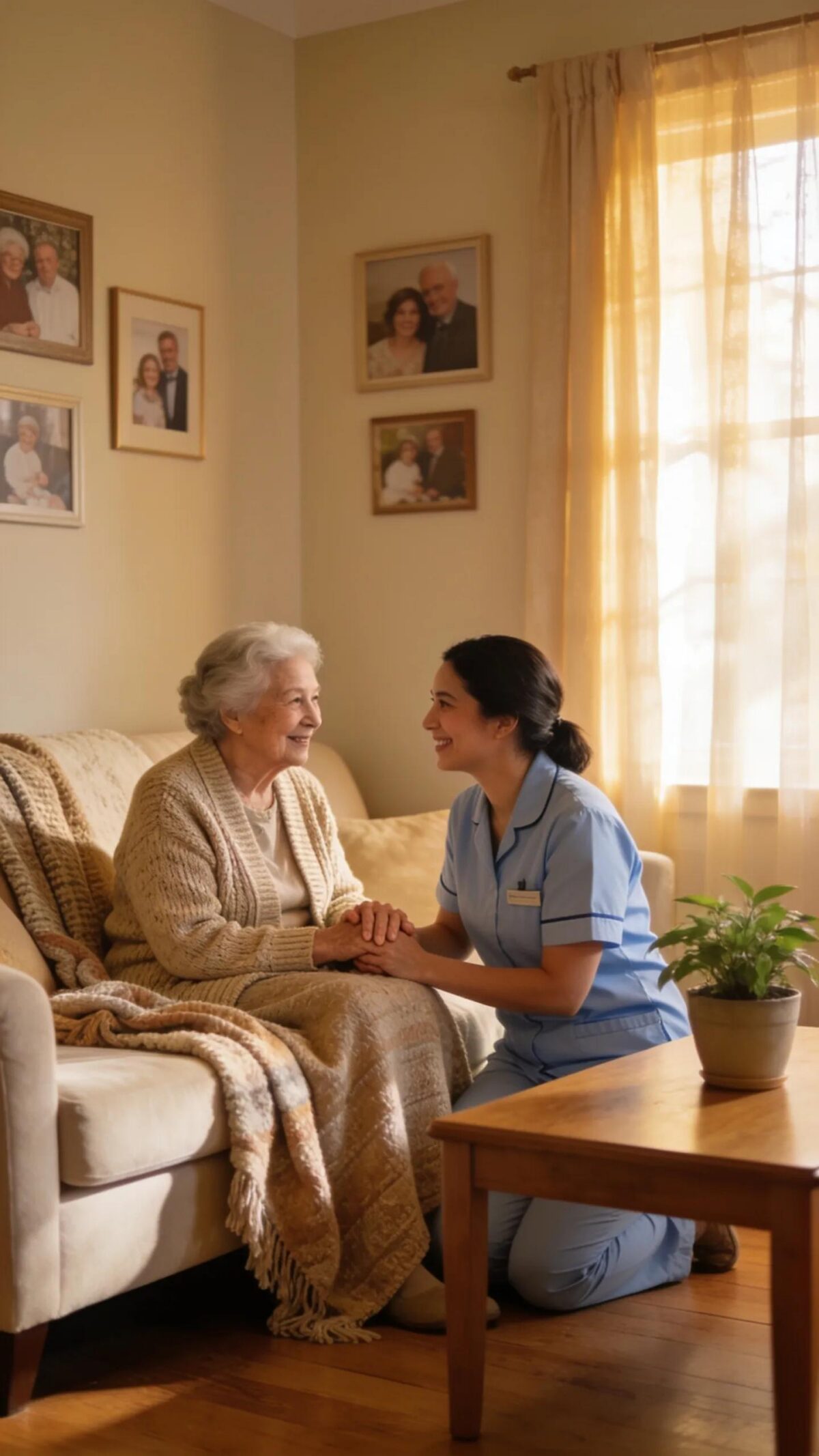 Cozy living space in an intimate assisted living home with an elderly resident and caregiver interacting, showcasing personalized support