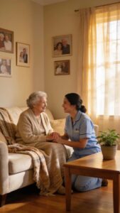 Cozy living space in an intimate assisted living home with an elderly resident and caregiver interacting, showcasing personalized support