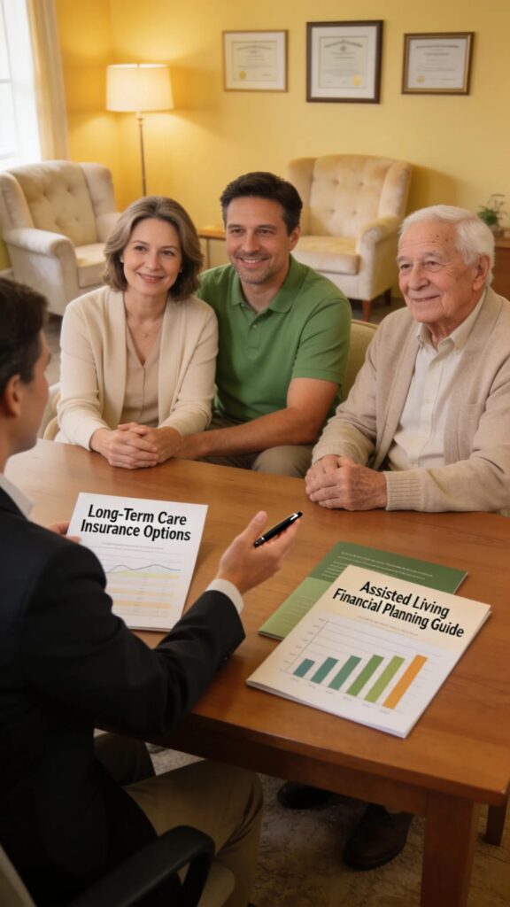Family consulting with a financial advisor about senior care payment options and planning