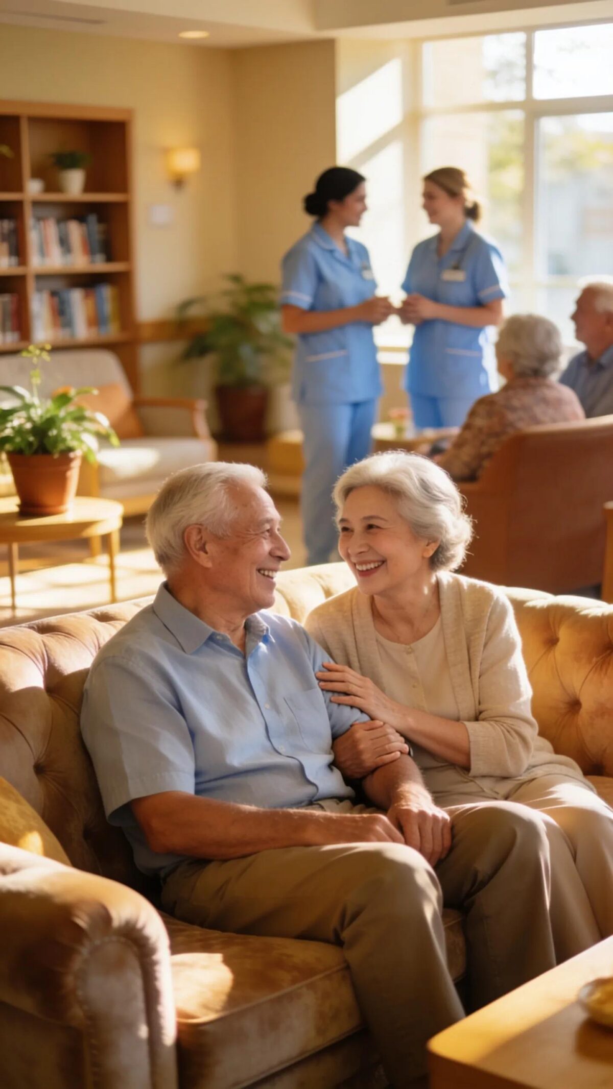 Senior couple enjoying companionship in a cozy assisted living facility, showcasing community and care