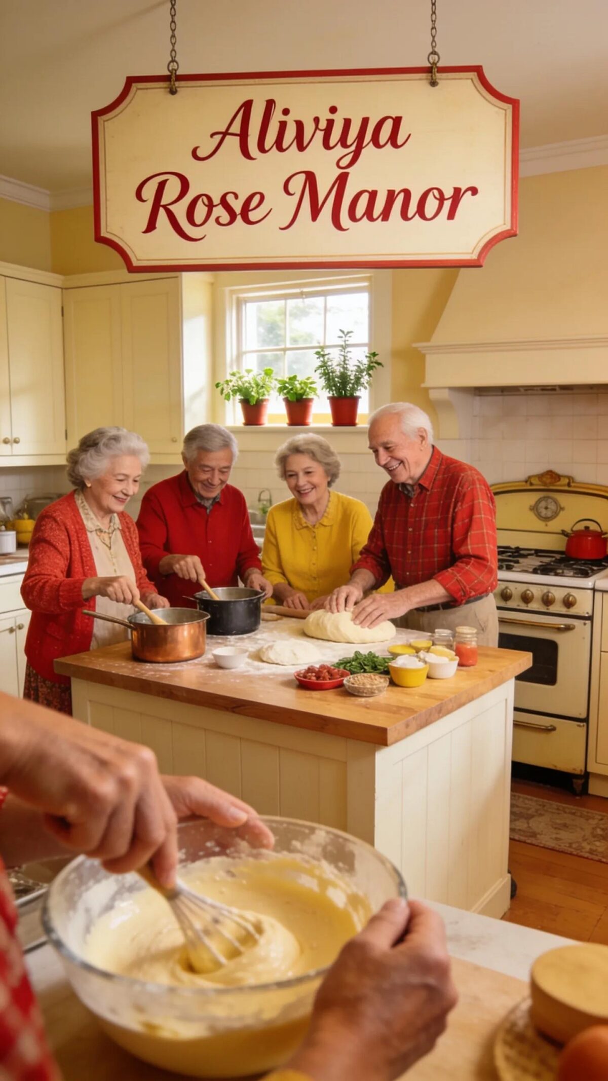 Warm kitchen scene with seniors cooking together at Aliviya Rose Manor