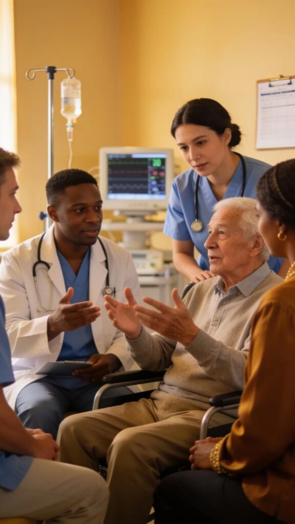 Palliative care team discussing patient care, showcasing a collaborative approach to managing chronic illness.