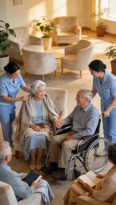 Warm scene of caregivers supporting seniors, illustrating the themes of hospice and palliative care in assisted living.