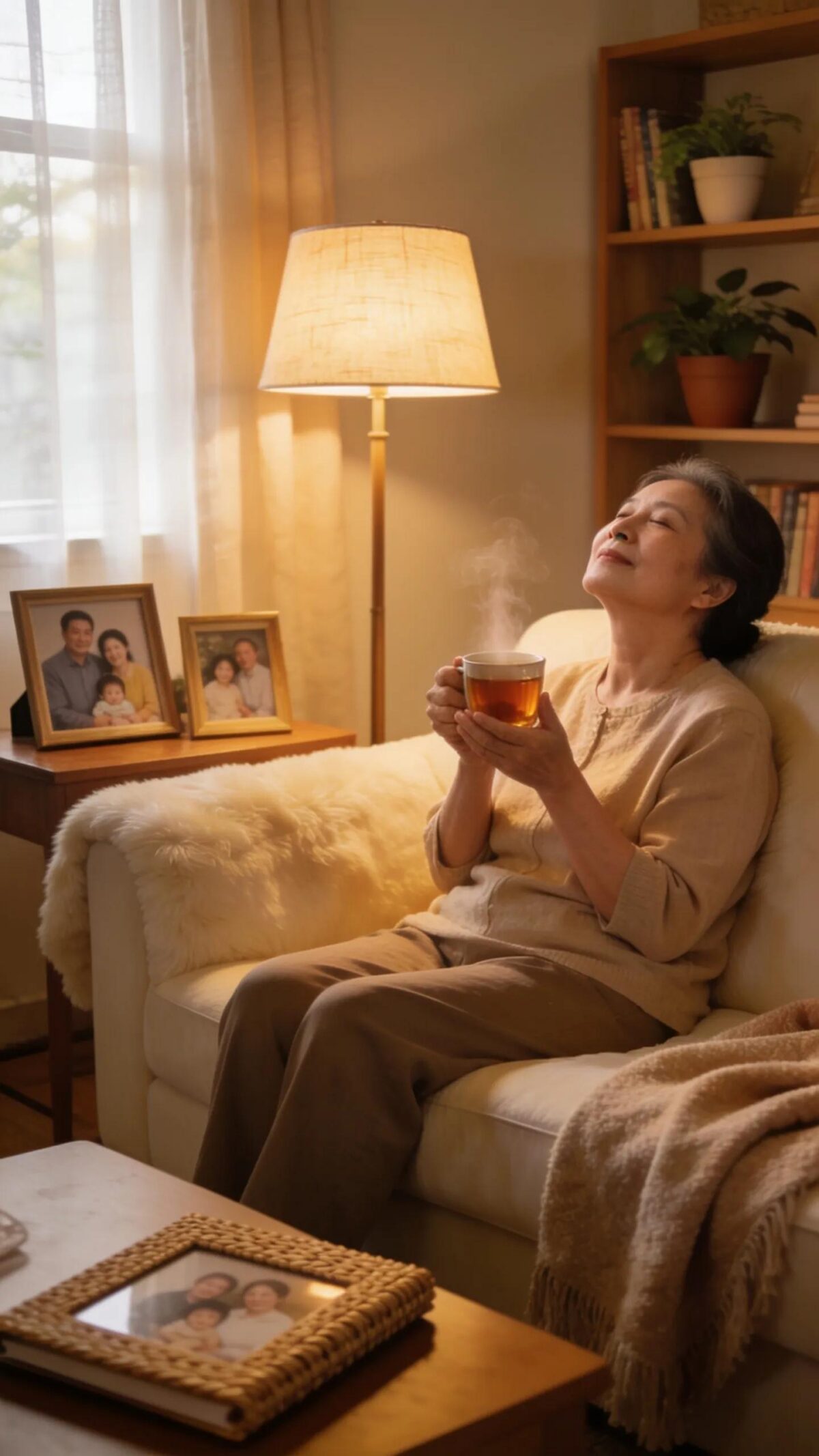 Family caregiver relaxing in a cozy living room, symbolizing support and emotional well-being