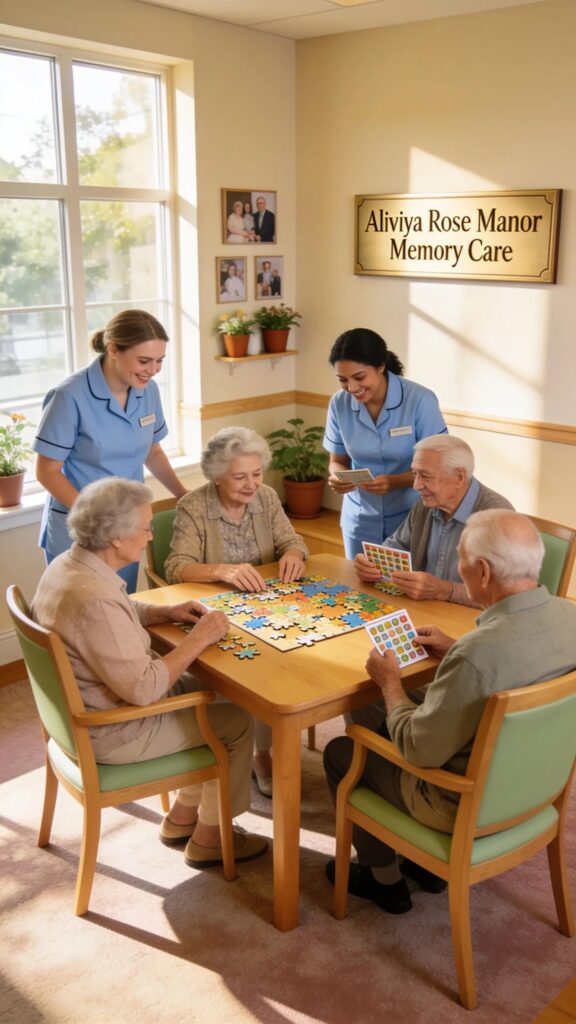 Seniors enjoying cognitive activities with caregivers at Aliviya Rose Manor, fostering social interaction