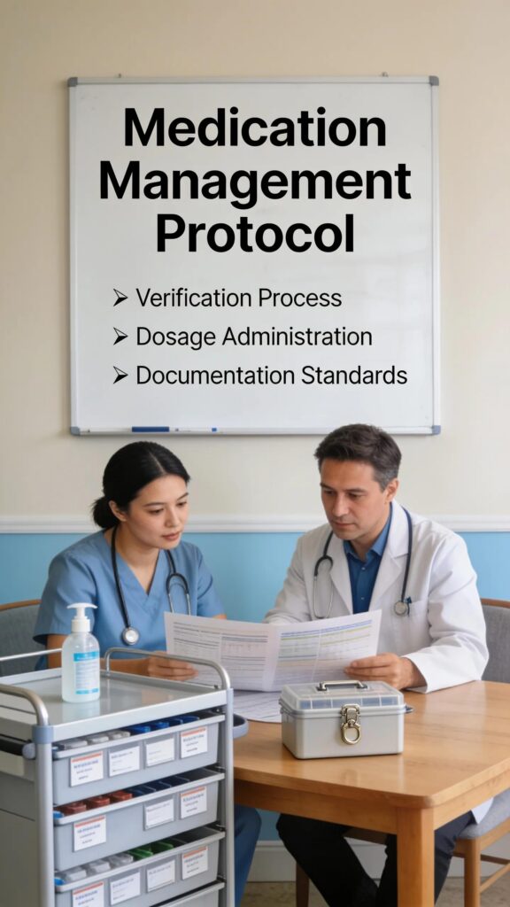 Licensed medication technician reviewing medication management protocols with a healthcare provider