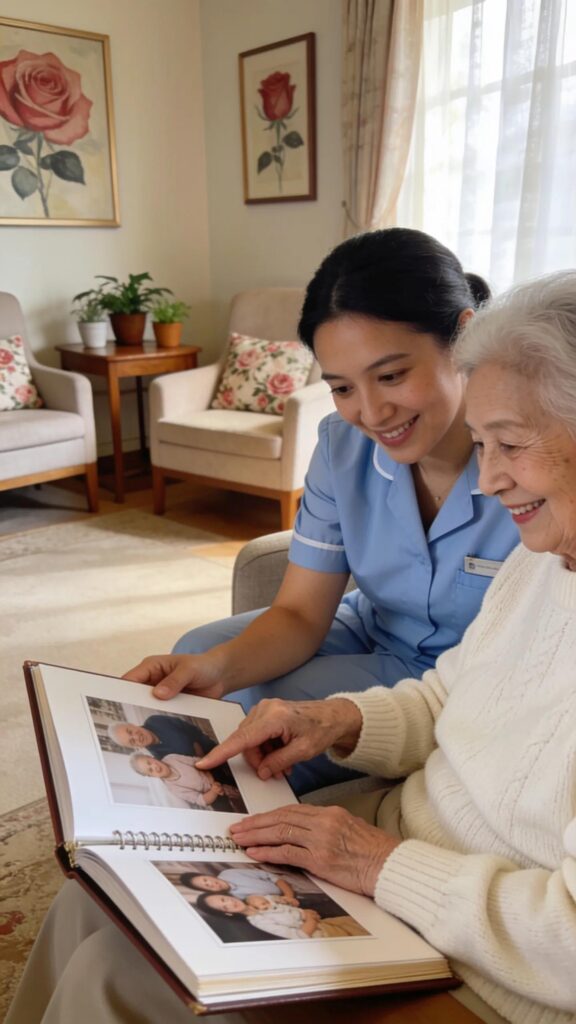 Caregiver providing personalized attention to an elderly resident at Aliviya Rose Manor, highlighting individualized support in a cozy setting