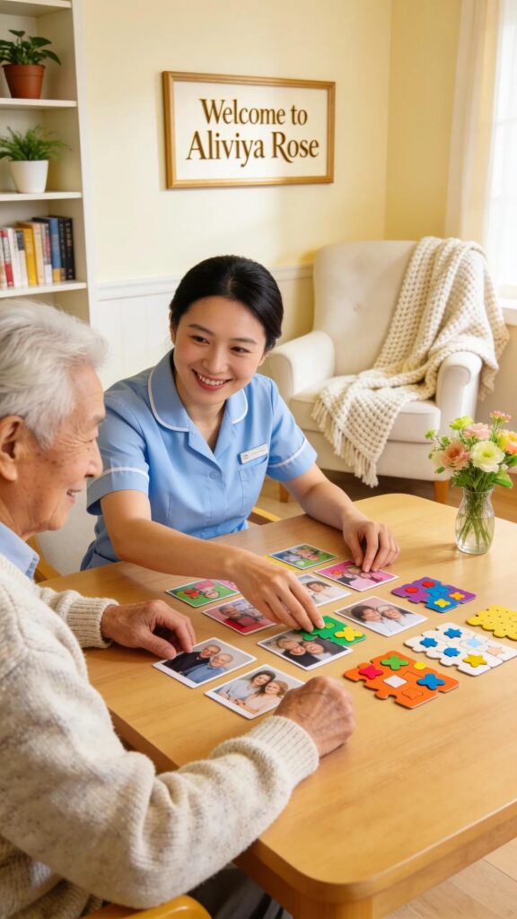 Caregiver assisting a resident with a cognitive activity at Aliviya Rose Manor, illustrating compassionate care