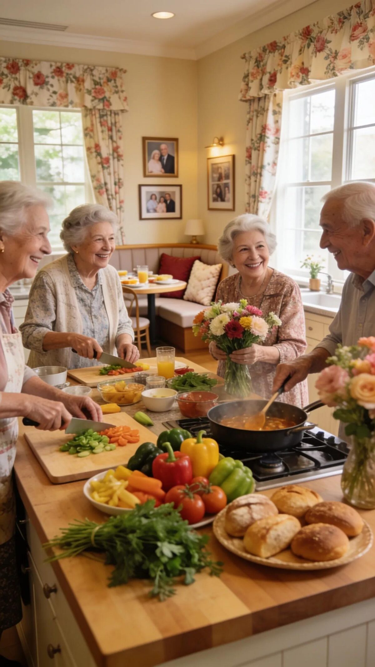 Warm kitchen scene with seniors cooking together at Aliviya Rose Manor